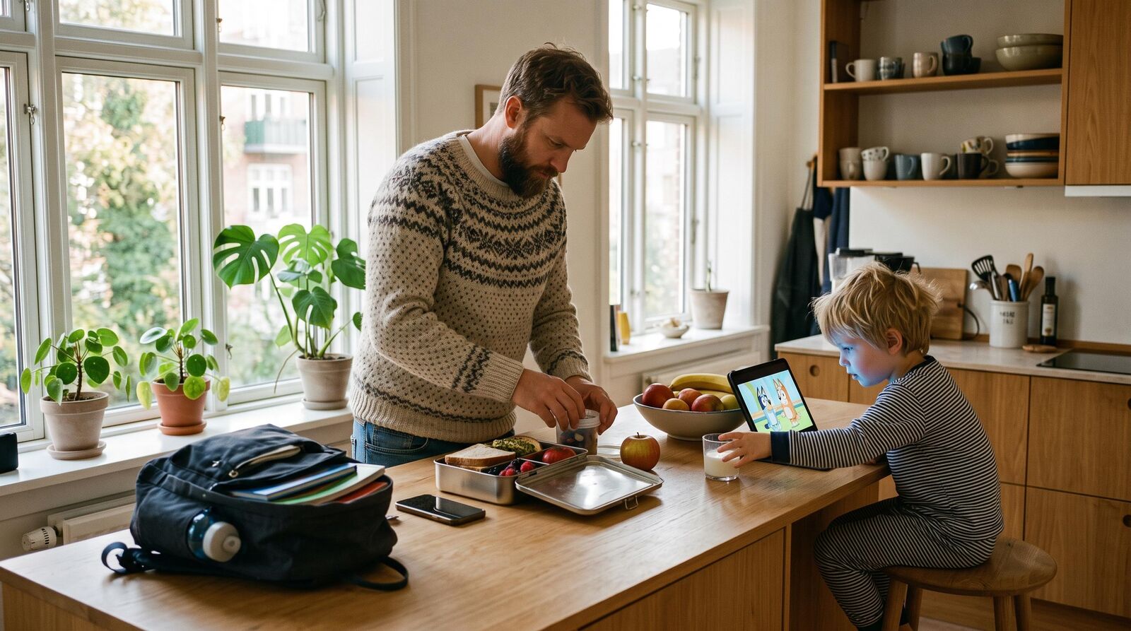 Father and son at the kitchen counter with a tablet and lunch boxes