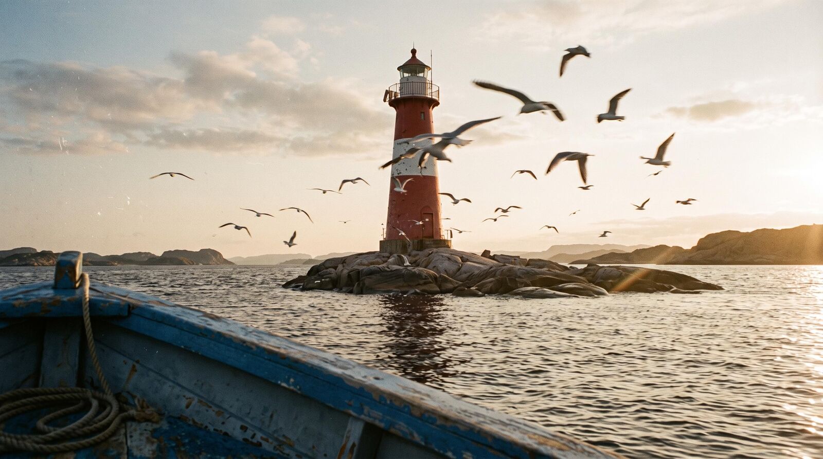Red-and-white lighthouse on a rocky islet with seagulls, seen from a boat