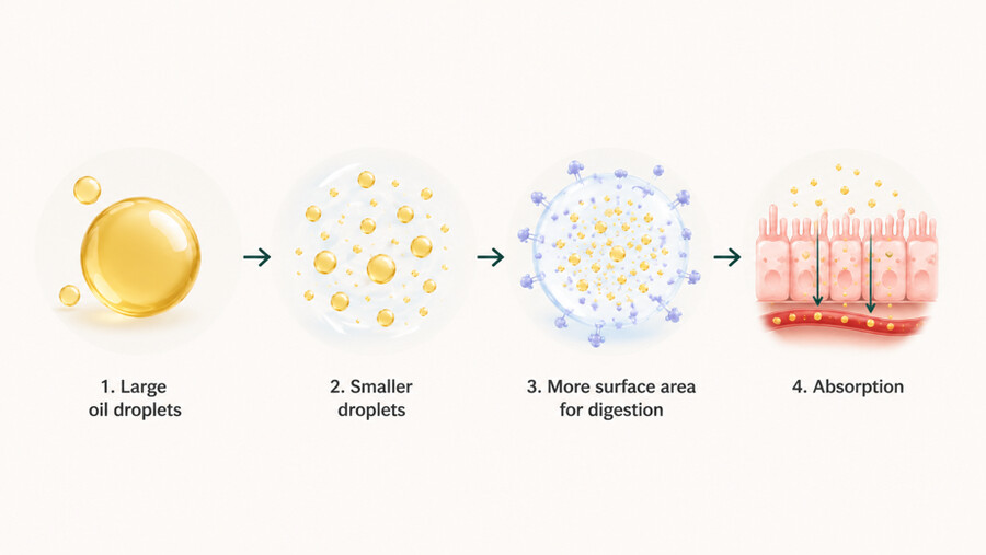 Four-step illustration: large oil droplets are emulsified into smaller droplets, gain more surface area for digestion, and are absorbed