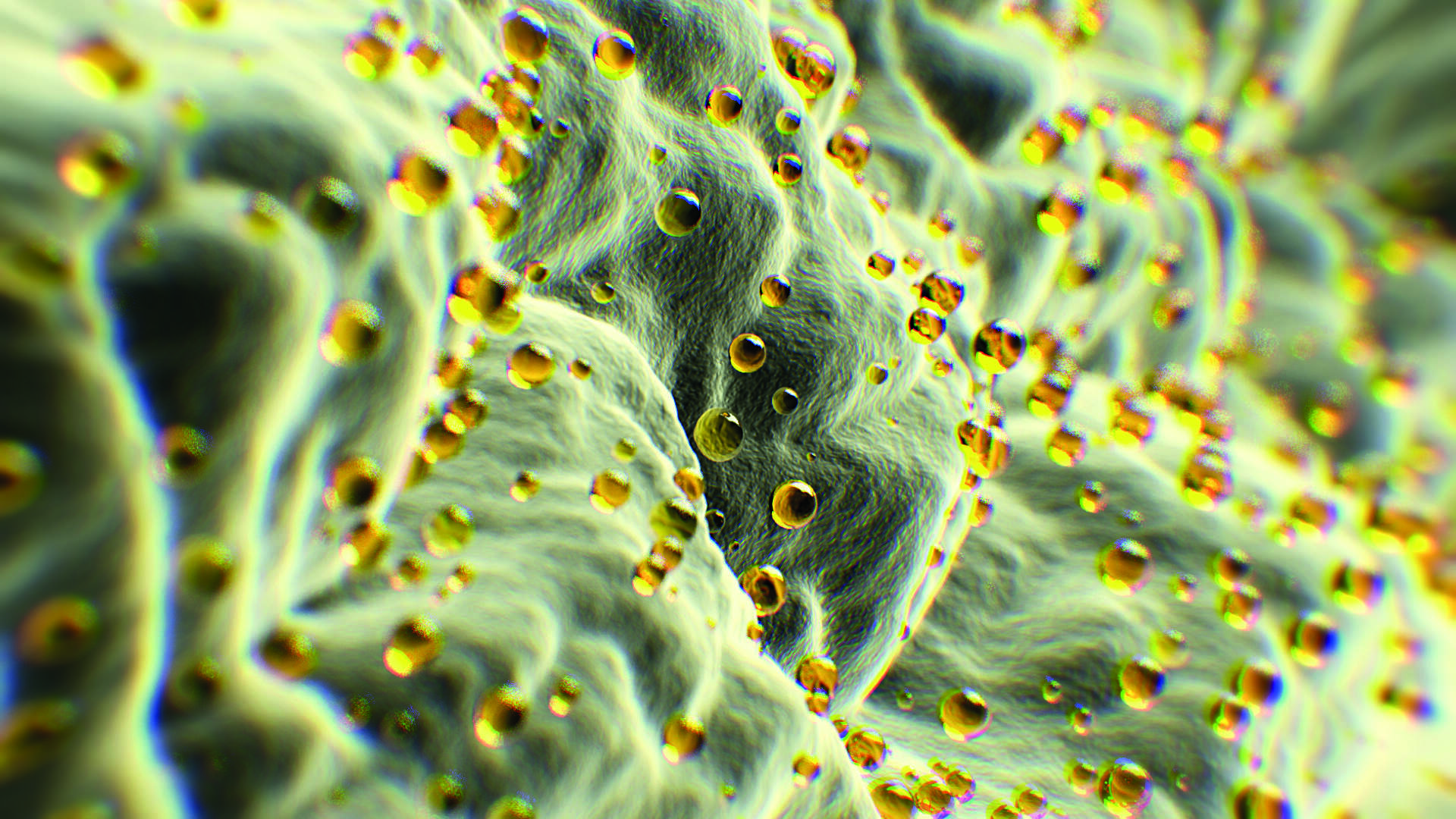 Macro view of golden Omega-3 droplets in an emulsion