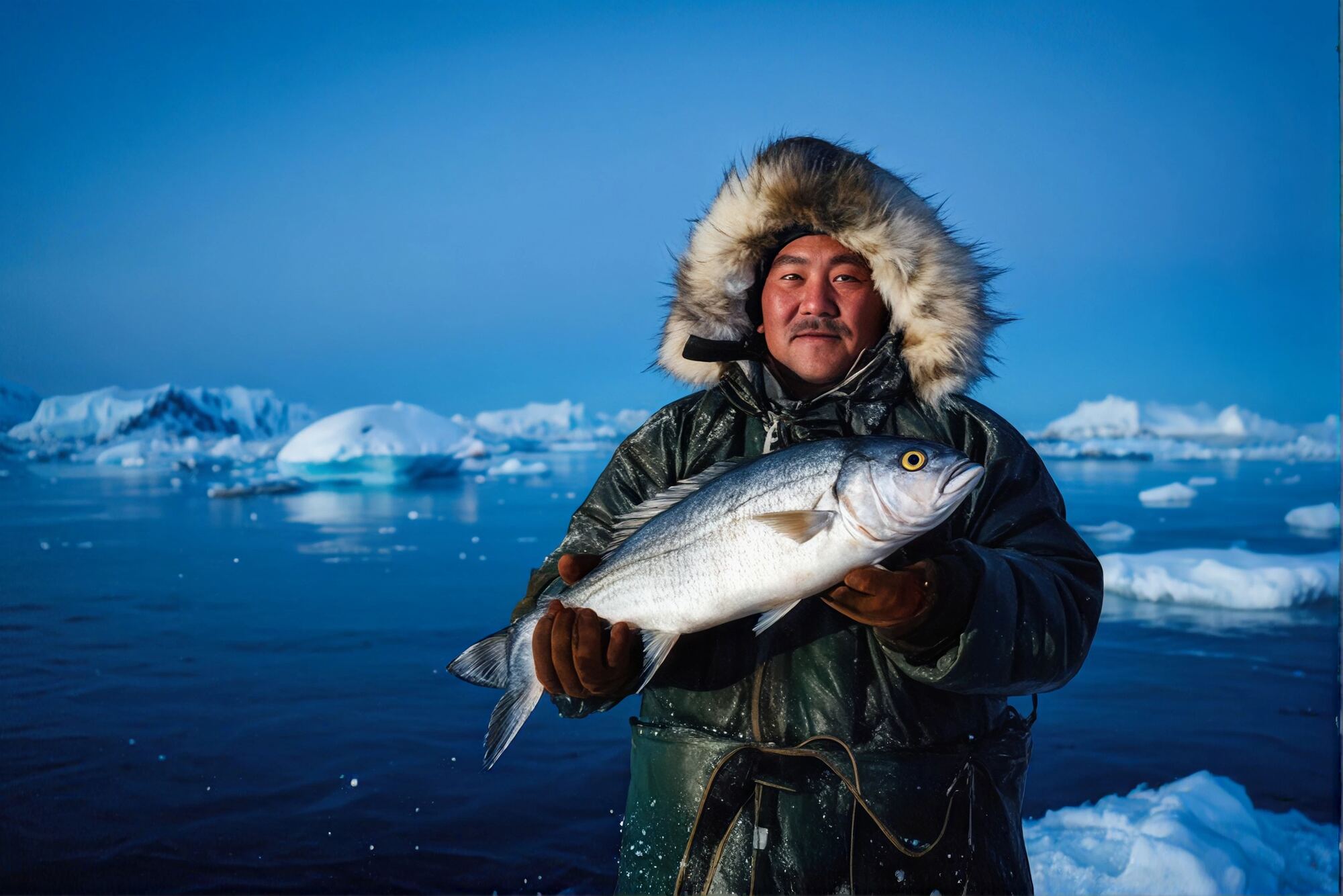 Fisherman in a fur-lined parka holding up a freshly caught fish among arctic ice