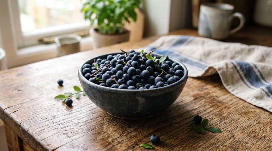 Bowl of Nordic bilberries on a wooden kitchen table