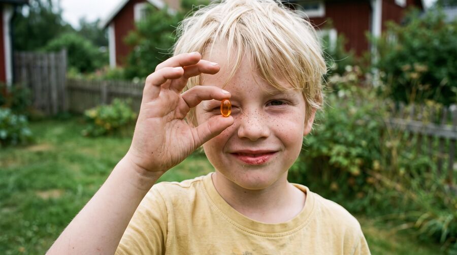 Boy holding a fish-oil capsule up to the light