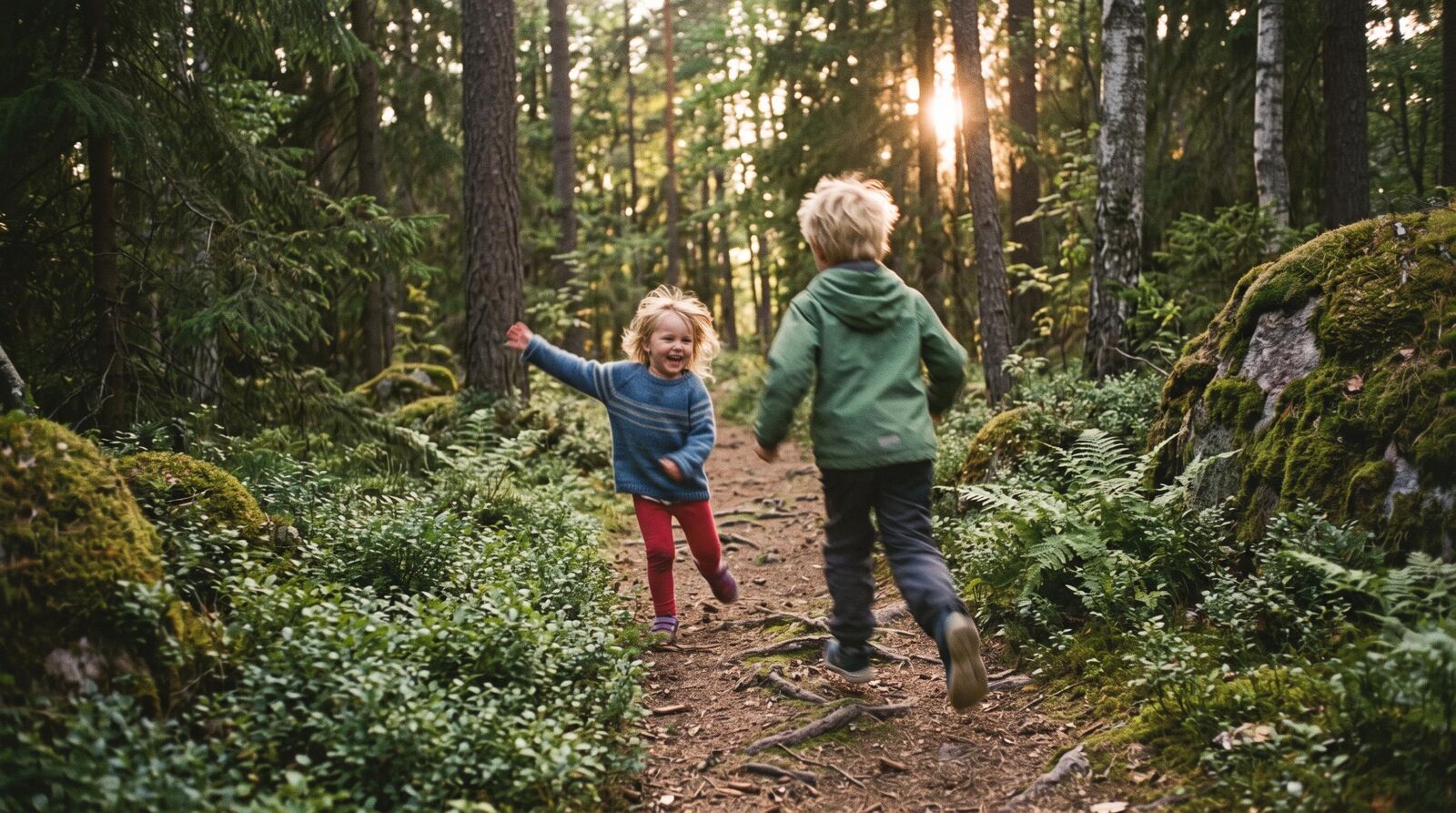 Two children running and laughing along a forest path