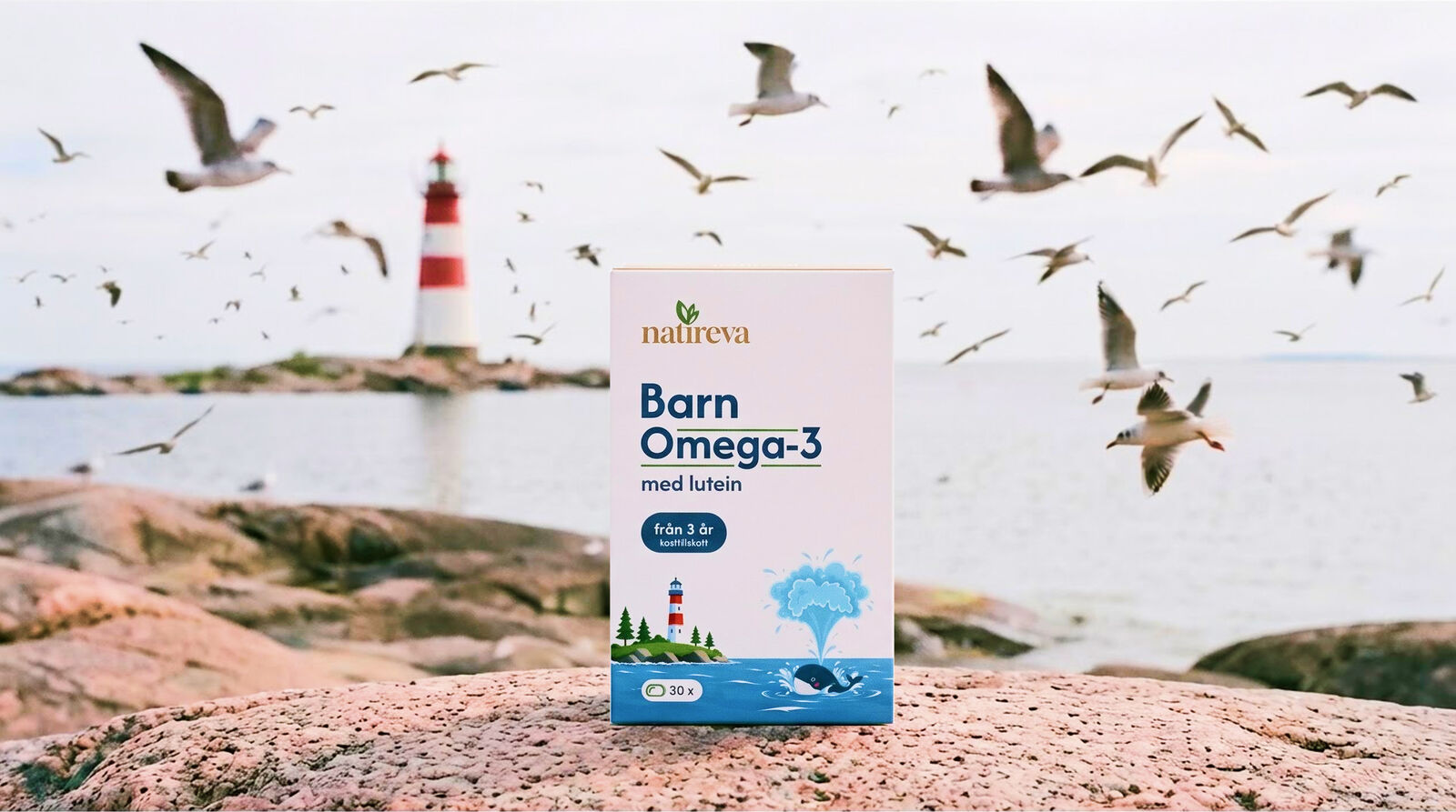 Barn Omega-3 med lutein pack standing on coastal rocks by a striped lighthouse