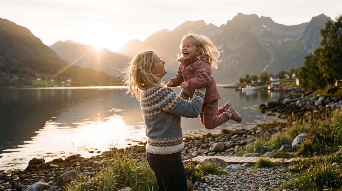 Mother lifting her laughing child by a mountain lake